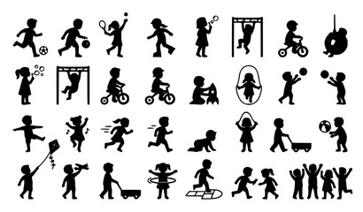Fototapeta premium Children Playing Activity Vector Silhouettes Featuring Boys Girls Sports Toys Playground and Outdoor Fun Collection