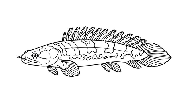 Snakehead fish line drawing for wildlife coloring page.