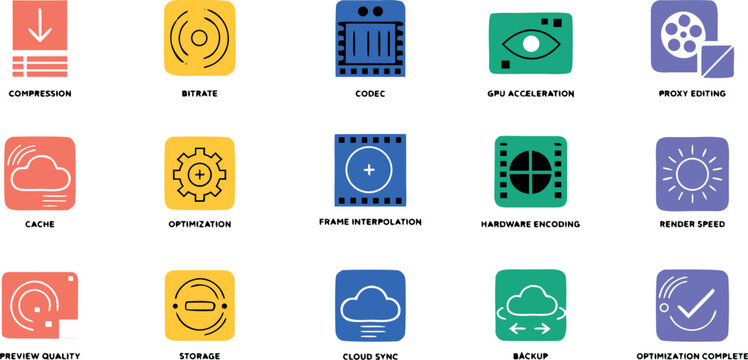 Set of colorful video editing and digital media performance icons 