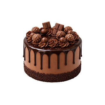 Rich chocolate celebration cake with glossy ganache topping creamy frosting and luxury candy decorations isolated