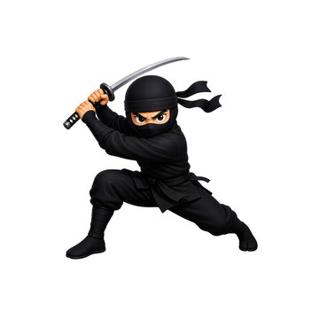 Dynamic black ninja isolated warrior character with sharp katana sword in powerful combat action pose