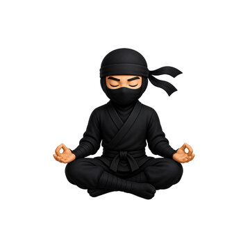 Calm black ninja isolated meditation character sitting peacefully in lotus yoga pose with closed eyes