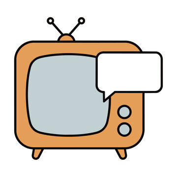 Minimalist monoline icon of a retro television with rabbit ear antennas and a blank speech bubble isolated on a white background, media and communication concept