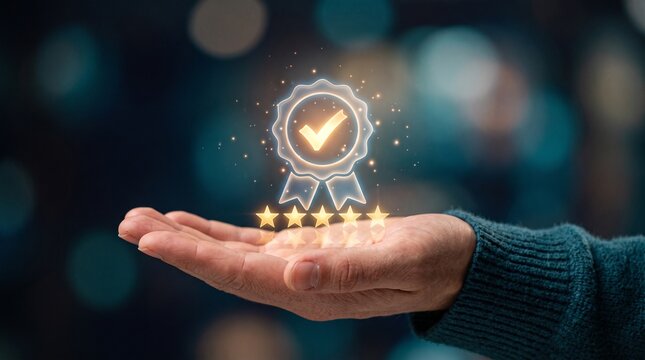 Quality Assurance Award: A hand holds up a glowing award of excellence, complete with a checkmark and five stars, symbolizing trust and top-tier service against a bokeh background