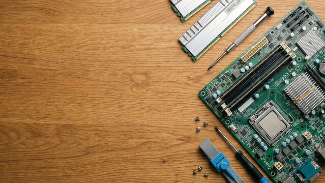 木製テーブルに並ぶマザーボードと工具のフラットレイ