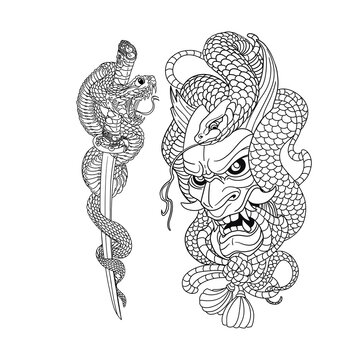 hand drawn vector illustration of a tattoo snake and dragon