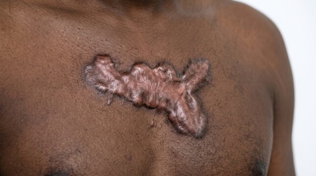 Close up of large thick keloid scar tissue on chest of African American man
