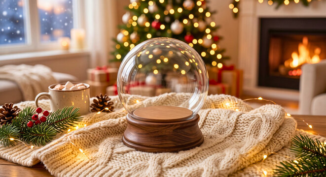 Empty Snow Globe on a Cozy Christmas Table with Festive Decor and Fireplace Background