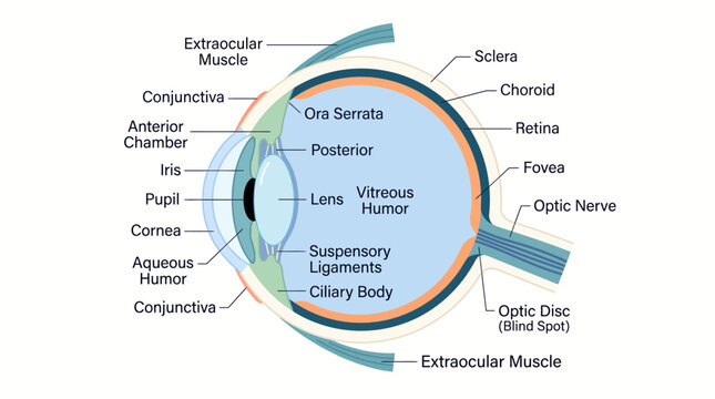 Detailed Cross Sectional Diagram Illustrating Human Eye Anatomy and Biological Structures for Educational Medical Purposes