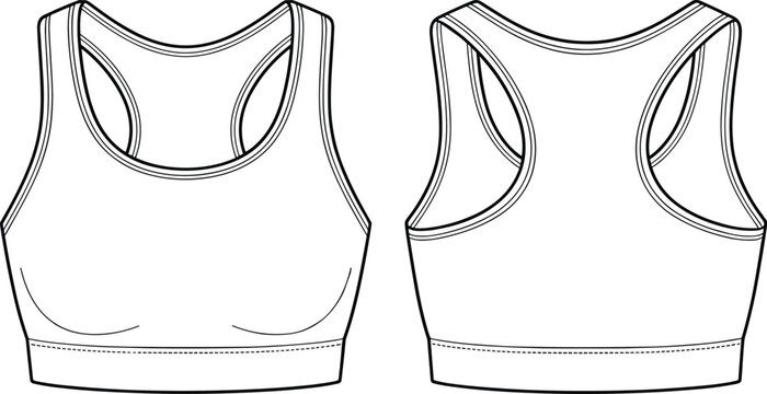 Women's racerback sports bra CAD drawing flat vector illustration, athletic activewear design, supportive workout top template, fitness apparel mockup, minimal modern fashion illustration