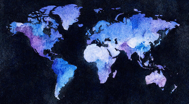 Watercolor world map in blue and purple on dark paper