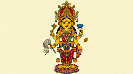 Obraz premium Goddess Subhadra Deity Vector Illustration Standing on Lotus Traditional Puri Temple Art