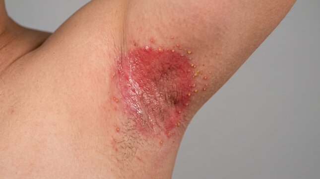 Close up shot of severe intertrigo yeast rash with pustules in axilla underarm crease