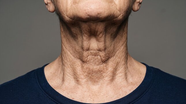 Front view close up of senior person neck with loose sagging skin and platysmal bands