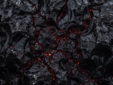 Close-up of dark, rough volcanic rock with glowing red cracks, resembling cooling lava or obsidian.