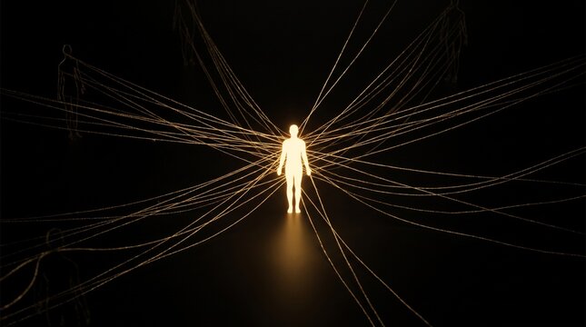 Central Glowing Human Figure Connected by Golden Light Threads in Dark Network Concept