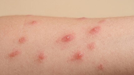 Fototapeta premium Close up shot of clear fluid filled vesicular blisters on skin from varicella chickenpox infection