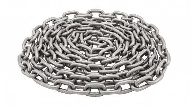 Strong and durable metallic chain meticulously coiled, providing a robust industrial element suitable for various heavy-duty applications and security needs