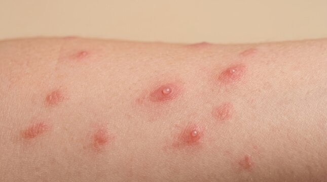 Close up shot of clear fluid filled vesicular blisters on skin from varicella chickenpox infection