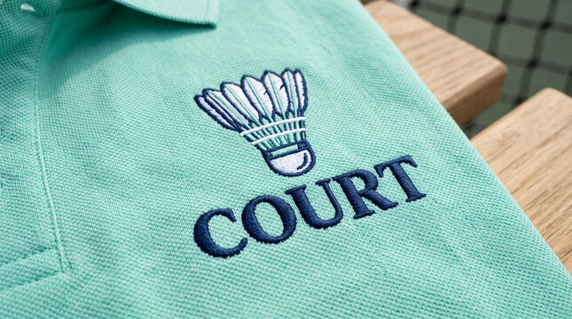 Close up of embroidered shuttlecock and COURT typography logo on mint green polo shirt sports apparel mockup
