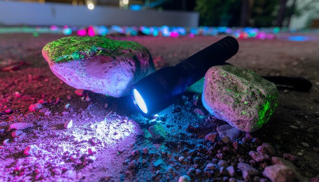 Black UV flashlight illuminating raw rocks that glow in intense neon pink and green fluorescent colors on dark gravel.