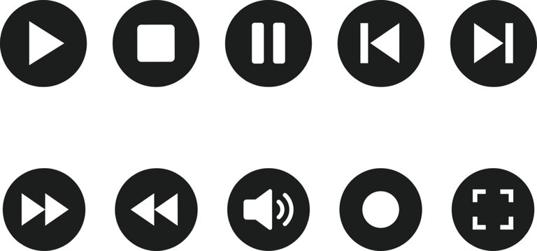 Media player control button icon set featuring circular play pause stop record rewind skip and volume sound symbols