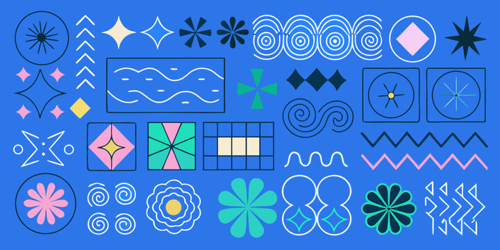 Geometric shapes and floral ornaments colorful vector illustration on blue background