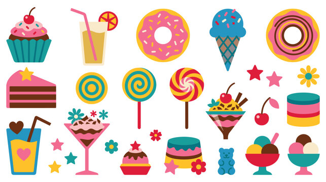 Set of colorful sweet dessert icons including ice cream cakes and candy for party design.