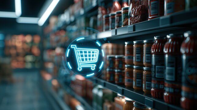 Futuristic shopping experience showcases glowing digital cart icon over grocery shelves