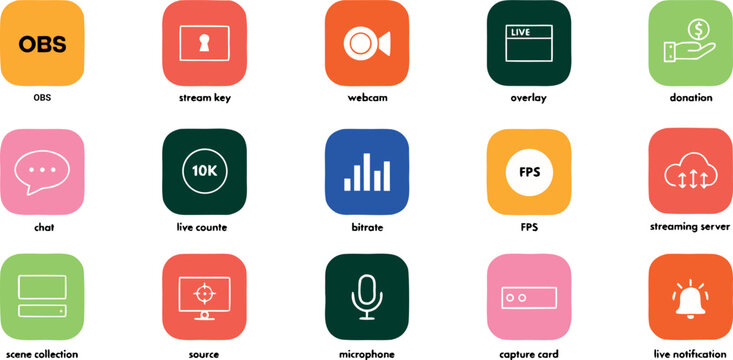 Set of colorful streaming icons for video games and live content creators