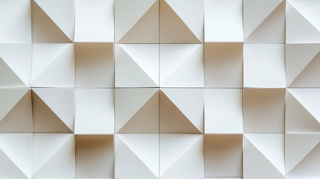 Geometric arrangement of white, square modules creating a textured,