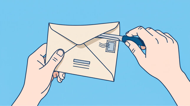 Hands Opening Mail Envelope with Letter Opener Knife Vector Illustration