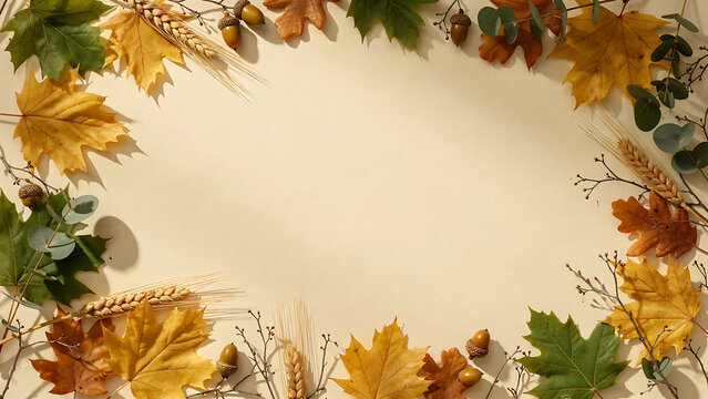 Early Fall Autumn Leaf Border with Acorns and Wheat