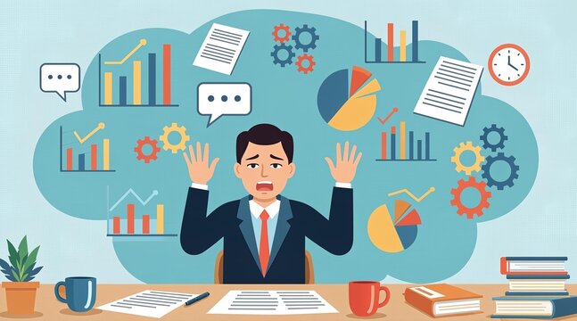Overwhelmed businessman facing too much work stress and data analysis problems in office
