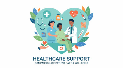 Fototapeta premium Healthcare support illustration showing a doctor and nurse assisting a patient in a compassionate hospital scene
