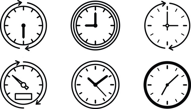 Clock icon vector set featuring standard time watch timer history loop speed meter and circular schedule interface outline symbols