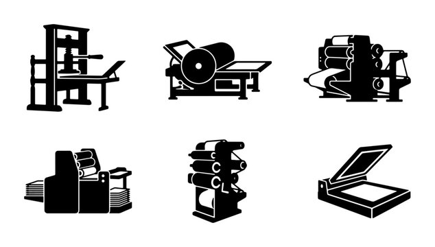 Vintage Printing Press Icons, Offset Lithography Machines, Industrial Printing Equipment Set