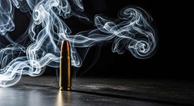 Bullet shell with expansive smoke cloud on black floor