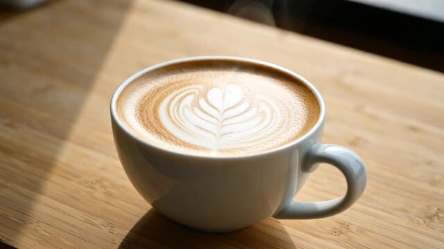 Steaming Latte Art Coffee Cup on Wooden Table