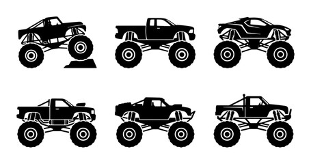 Monster Truck Icons Set, Off-Road Vehicle Silhouettes, Extreme Sports Graphic Elements, Vector Collection © Zarin