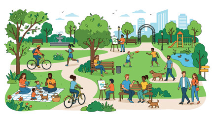Fototapeta premium Vibrant urban park scene with families picnicking children playing and people cycling under a sunny city skyline