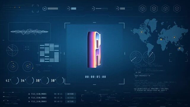 Artificial intelligence AI text rotating in metallic three dimensional style with technology HUD