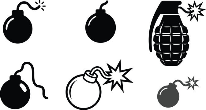 Bomb vector icon set featuring round dynamite fuse spark grenade weapon explosion hazard danger game and military symbols