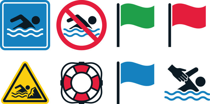Beach safety signs vector set with swimming allowed no swim hazard caution lifesaver and warning flags icons isolated