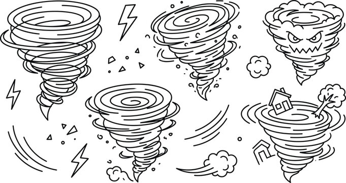 Tornado and hurricane vector set featuring doodle style storm whirlwind twister lightning lightning bolt wind and weather disaster symbols