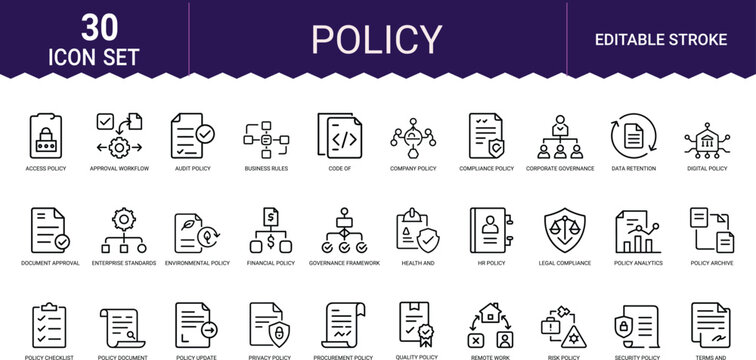 Policy document management line icons set for corporate governance and legal compliance.