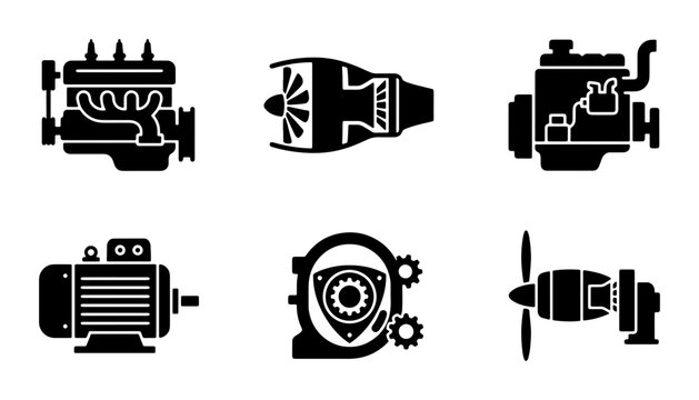 Set of 6 Industrial Engine Icons: Automotive, Jet, Rotary, Electric Motor, Aircraft Propulsion