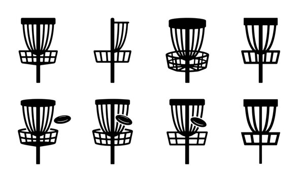 Disc Golf Baskets Set, Sports Equipment Icons, Outdoor Game Elements, Vector Graphics