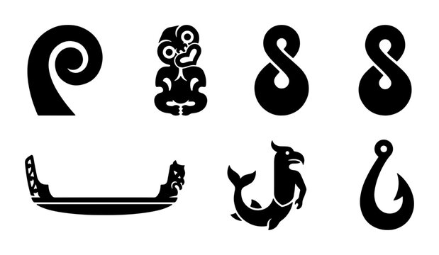 Maori Cultural Symbols Vector Set: Koru, Tiki, Hei Matau, Waka, Moana Icons