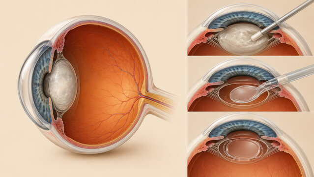 Medical illustration of eye cross section showing cataract surgery lens implant on beige background